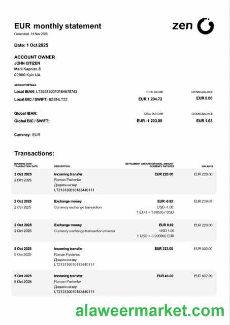 Ukraine ZEN account statement Word and PDF template